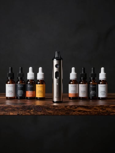 Neatly aligned vaporizers and premium e-liquids on dark wooden shelves, moody directional studio lighting, dark charcoal background, high-contrast