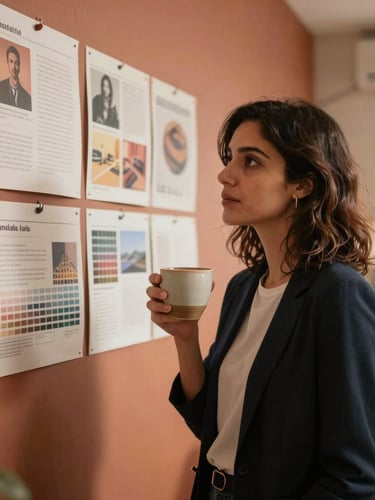 Candid portrait of a female creative director in a warm, sunlit office in Cairo, holding a ceramic cup, looking thoughtfully at a mood board on a terracotta wall.