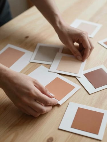 Close-up of hands arranging minimalist mood boards and terracotta color swatches on a light wooden table, soft natural morning light, editorial styling.
