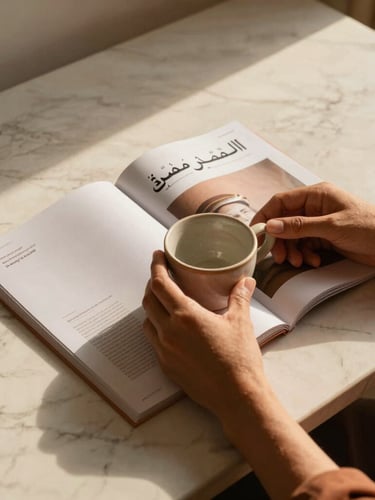 Warm soft golden hour light illuminating a marble desk, a minimalist Arabic editorial magazine open, hands holding a ceramic cup, off-center composition, rich terracotta tones.