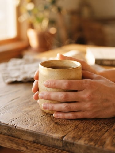 A close-up of hands holding a warm ceramic mug on a natural wood table, bathed in soft golden-hour window light, shallow depth of field