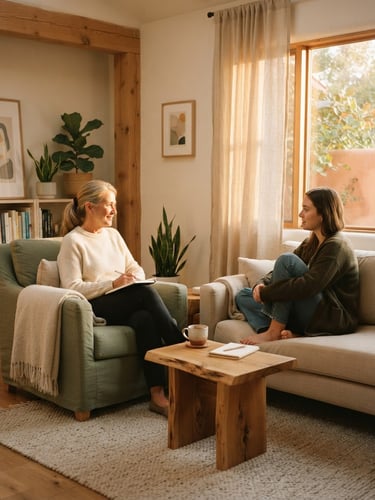 Warm, indirect golden-hour window light illuminating a peaceful counseling room with natural wood and soft linen textiles, shallow depth of field, 35mm