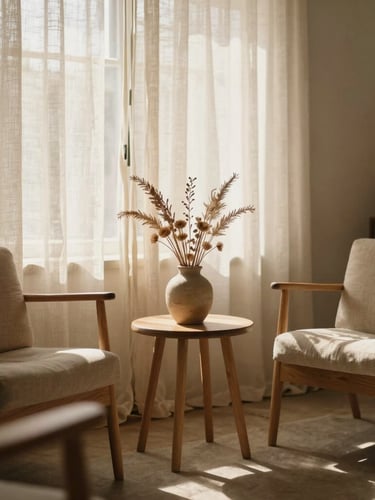 A sun-drenched counseling room with natural wood chairs, soft linen curtains, and dried desert botanicals in a ceramic vase, warm indirect sunlight