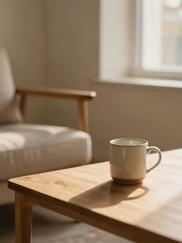 A quiet, sun-drenched counseling room with natural wood, soft linen textiles, a single ceramic mug on a table, soft golden-hour window light, shallow depth of field