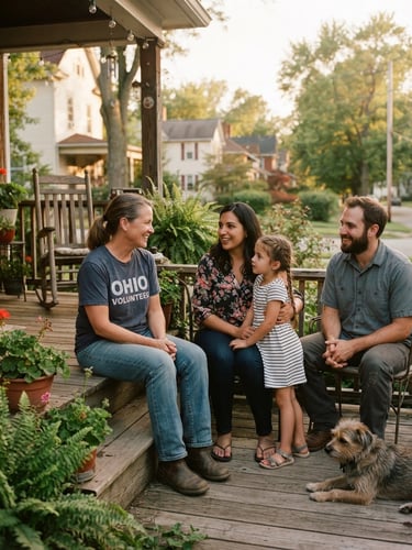 Candid documentary photo of a warm Ohio volunteer talking with a local family on a front porch, soft golden-hour daylight, rich organic tones, 35mm film aesthetic