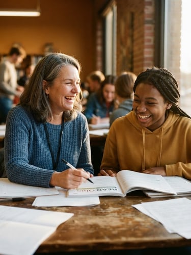 Candid documentary shot of an Ohio volunteer mentor laughing with a high school student over a shared workbook, natural golden-hour daylight, warm organic tones, 35mm film aesthetic.