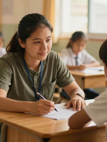 Candid medium shot of a volunteer mentoring a young student in a warm, sunlit classroom, natural light, authentic community workshop setting