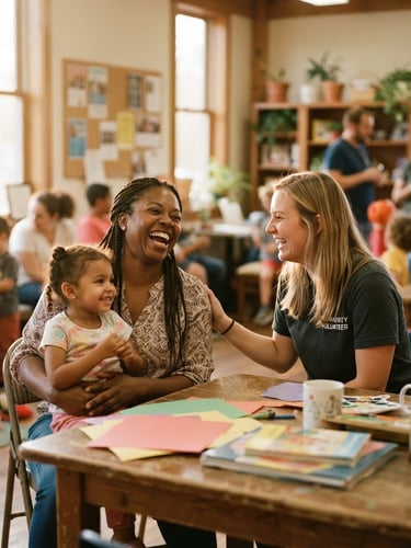 Candid documentary shot of a volunteer and local mother laughing together in a warm, sunlit community center in Ohio, natural golden-hour lighting, rich organic tones, 35mm film aesthetic.