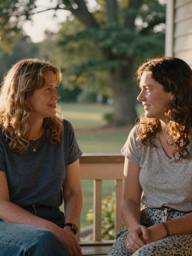 Documentary-style portrait of two women sitting together on an Ohio porch, sharing a warm, candid conversation, natural golden-hour light, rich organic tones, 35mm film aesthetic.