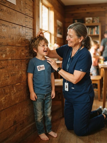 A caring Ohio volunteer nurse checking a smiling young boy's height against a wooden wall, warm golden-hour daylight, documentary-style framing, 35mm film aesthetic.