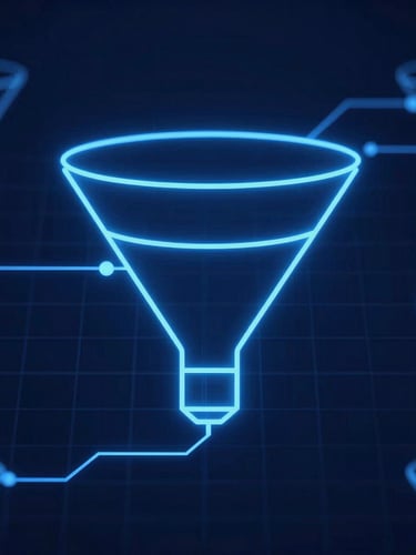 Sleek technical wireframe schematic of a multi-channel conversion funnel, glowing electric blue lines on a deep navy grid, high-contrast digital blueprint style.
