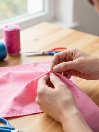 Medium close-up of hands carefully stitching a colorful pink fabric on a wooden worktable, warm natural window light, threads and scissors visible