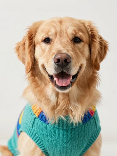 Eye-level portrait of a happy golden retriever wearing a colorful handmade teal sweater, soft natural daylight, bright background