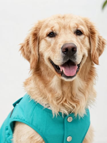 Eye-level portrait of a happy golden retriever wearing a vibrant teal handmade custom vest, soft natural daylight, bright editorial style