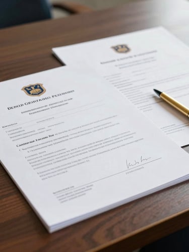 A close-up of official academic transcripts and verified documents on a dark wooden desk, soft natural morning light, gold pen resting nearby, premium editorial style