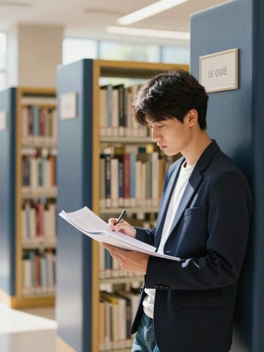 A focused adult student in a modern university library, reviewing academic documents, bright natural daylight, deep navy and gold accents, 35mm lens.