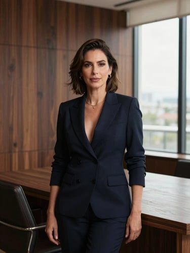 Elegant professional portrait of Dra. Fernanda Julie in a sophisticated contemporary office with dark wood paneling, warm natural light from a large window, editorial style, 85mm lens, atmospheric and authoritative.