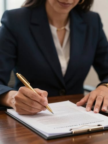 Close-up of Dra. Fernanda Julie reviewing legal documents at a solid dark wood desk, elegant gold pen in hand, warm ambient lighting, sophisticated office setting