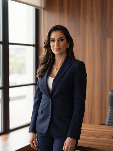 Elegant professional portrait of Dra. Fernanda Julie in a sophisticated, contemporary law office, warm natural window light, deep navy and rich wood tones, shallow depth of field, 85mm lens.