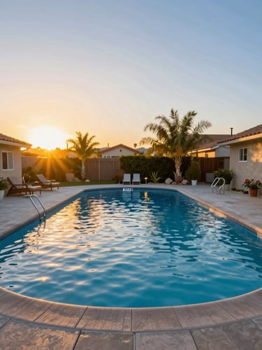 Wide-angle vibrant editorial photograph of a sparkling clean suburban backyard pool in Santa Clarita during a warm golden-hour sunset, glowing water reflecting gold and baby blue sky.