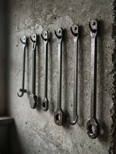 Straight-on close-up of heavy-gauge steel tools hanging on simple metal hooks against a raw concrete workshop wall, harsh side window light, deep shadows.