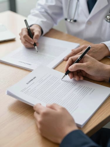A medium close-up of professional hands reviewing structured medical-legal documents on a warm wooden desk, soft diffused natural morning light, conveying organized clinical oversight.