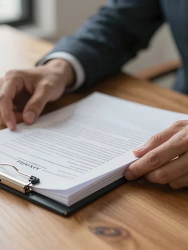 A close-up of hands reviewing medical-legal documents on a warm wood desk, soft natural light, shallow depth of field, professional and calm