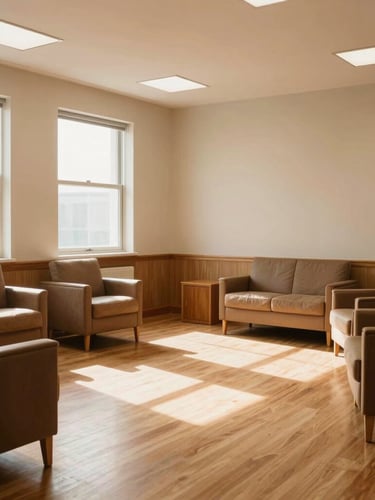 Wide panoramic shot of a sunlit consultation room with warm oak furniture, soft diffused daylight streaming through high windows, generous negative space.