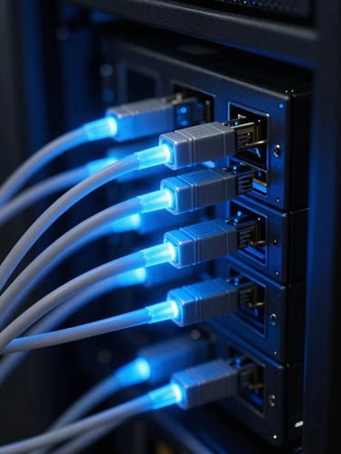 Macro close-up of glowing electric blue fiber optic cables in a dark server rack, high-contrast technical hardware, sharp focus, 35mm lens