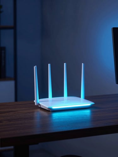 A modern home office interior at dusk, a glowing router on a dark wooden desk casting a soft electric blue light, 35mm lens.