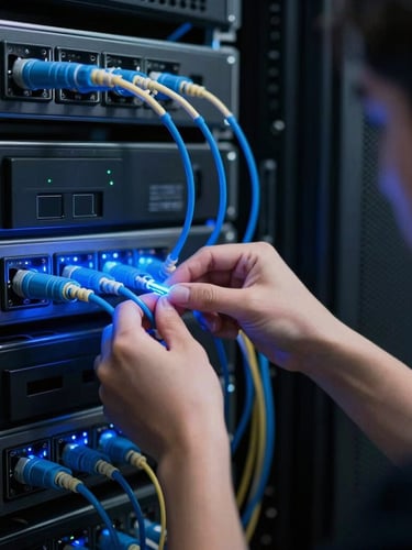 Close-up portrait of a technical network specialist adjusting glowing blue fiber optic connections in a dark server rack, sharp focus, 35mm lens