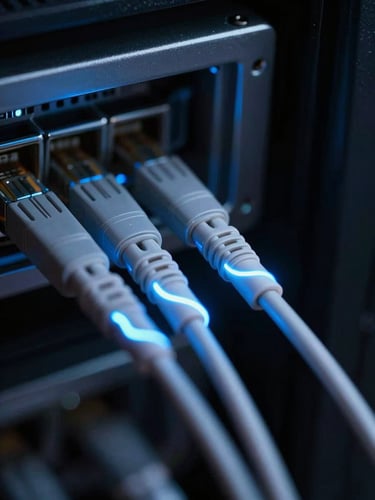 Macro close-up of high-speed fiber optic cables glowing in a dark server environment with electric blue light trails, sharp focus, 35mm lens.