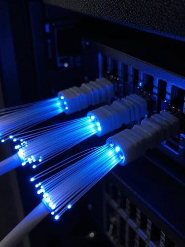 Macro close-up of glowing electric blue fiber optic cables in a dark server room, sharp focus, 35mm lens