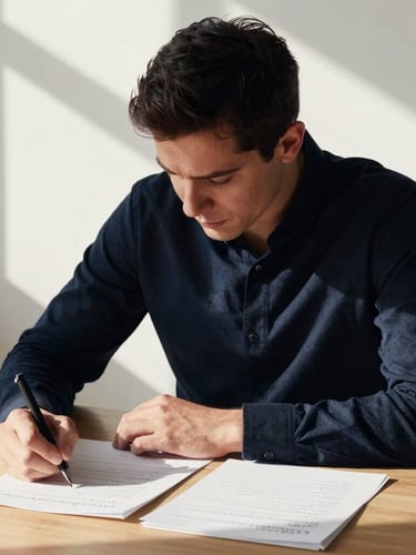 High-contrast editorial portrait of a professional in deep concentration, directional natural light, shadow across a clean wooden desk with handwritten notes, 35mm