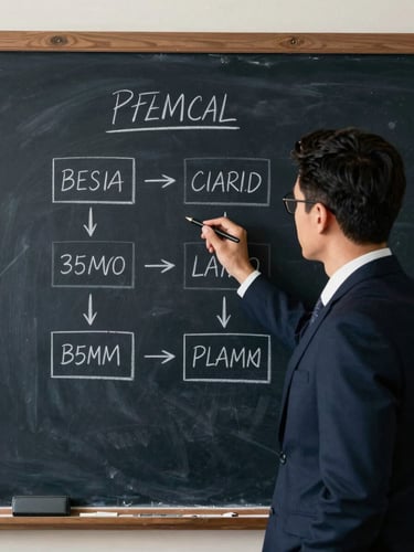 A focused executive analyzing a tactical framework on a blackboard, high-contrast editorial photography, directional natural light, deep navy tones, sharp focus, 35mm.