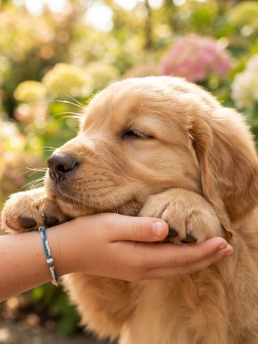 Close-up of a golden puppy resting its head gently on a child's hand, soft natural outdoor daylight, warm green garden background, shallow depth of field