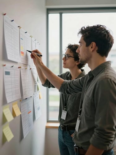 Close editorial frame: two collaborators side by side reviewing a mood board pinned to a wall, one holding a marker mid-gesture, natural light from a wide window behind them casting soft shadows, printed strategy sheets and sticky notes visible in the foreground, documentary candid style