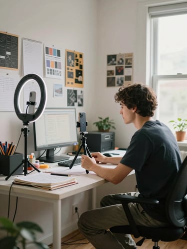 Wide environmental shot of a creator seated at a cluttered studio desk, filming vertical video with a smartphone on a small tripod, ring light off to one side, notebooks and mood board pinned to the wall behind, natural afternoon light through a side window, candid and unposed