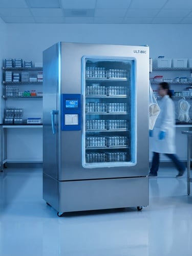 Sterile clinical photography of a high-tech pharmaceutical cold storage unit, cool blue ambient light, sharp focus, 35mm lens.