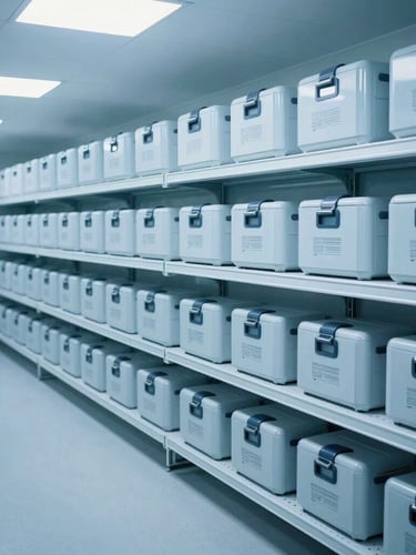 State-of-the-art pharmaceutical cold storage warehouse with clean, cool-toned clinical light and organized shelves of climate-controlled cases