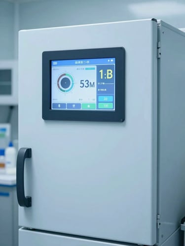 High-tech pharmaceutical cold storage unit with digital temperature monitoring screen displaying clinical metrics, sterile environment.