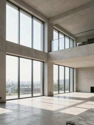 Wide interior shot of a high-ceiling penthouse living volume, floor-to-ceiling glass facing north, pale concrete walls, a single marble slab visible at frame edge, diffuse morning light flooding the empty room, no furniture, no people