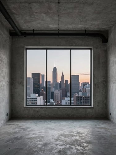 Wide environmental shot of a minimalist loft interior, raw concrete ceiling with exposed service runs painted matte black, a single full-height window framing the city skyline at dusk, no people, no furniture