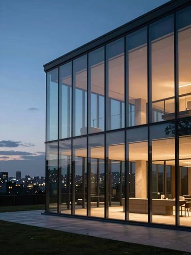 Wide environmental shot of a floor-to-ceiling glass facade of a modernist villa at dusk, the interior volumes visible as dark geometric masses behind the glass, city lights beginning to emerge in the distance, no people, architectural framing