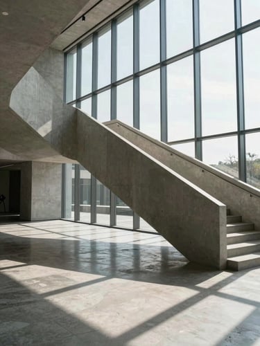 Wide interior architectural detail, a sculptural concrete staircase rising beside floor-to-ceiling glass, north-facing daylight casting long geometric shadows on polished stone floor, no people, extreme verticality emphasized