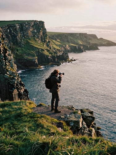 Wide cinematic dramatic landscape of the Irish coast at golden hour, a lone photographer standing on a cliff edge with a vintage camera, soft natural daylight, 35mm film grain.