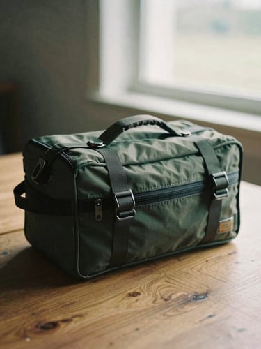 Tight, crisp detail of modern premium travel gear on a wooden table, soft overcast light filtering through a window, muted earth tones with deep green accents, 35mm film grain.