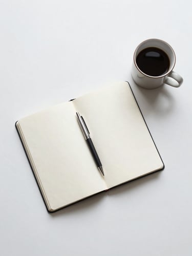 Overhead flat-lay of a clean desk surface with a single open notebook, a pen resting on the page, and a minimal ceramic cup to the side — bright studio light, high-key, white and light gray tones, no clutter