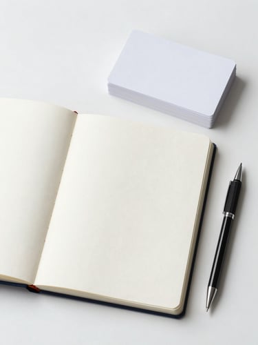 Overhead flat-lay of a minimal desk — single open notebook, a short stack of reference cards, and one mechanical pencil on a white surface, bright studio lighting, high-key and clean, no clutter, everything precisely placed