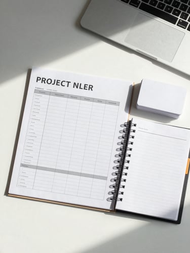 Overhead flat-lay of an organized minimal desk: a printed project tracker sheet, a spiral planner, and a short stack of index cards on a white surface under bright north-facing studio light, no hands, no clutter, high-key and clean